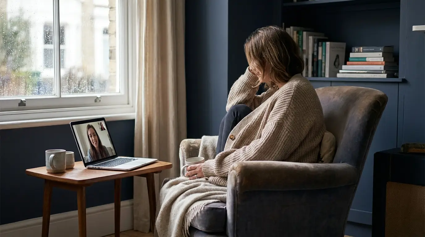 Person in a cozy video therapy session at home